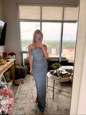 Lulus Amazing Presence Slate Blue Mesh Ruched Column Maxi Dress